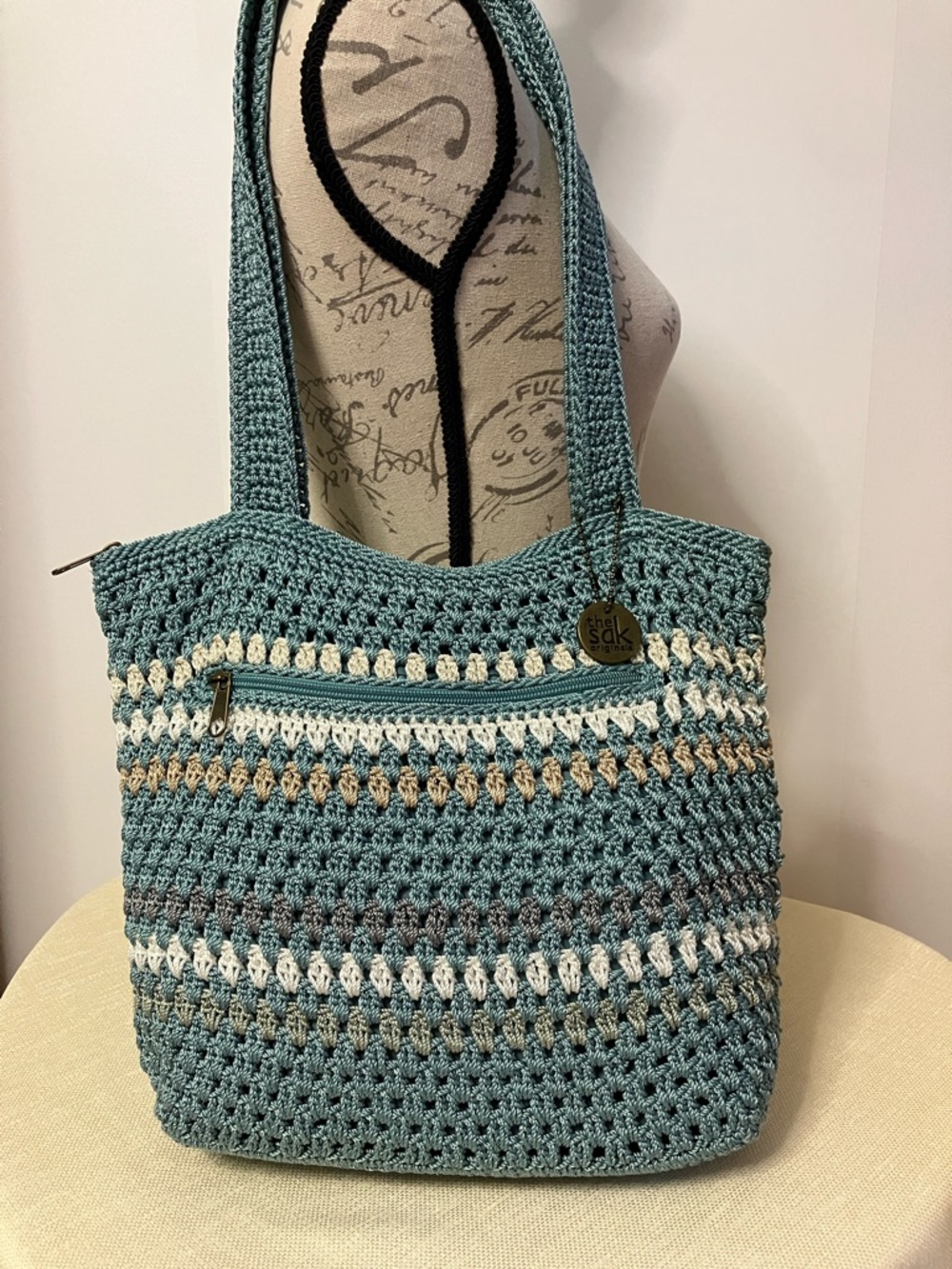 The Sak Classic Crochet Hobo Shoulder Tote Aqua Multi Stripe